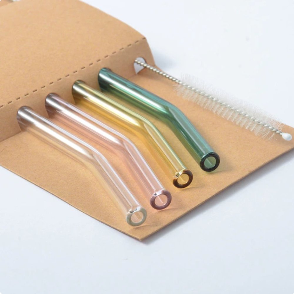 Set of 4 Reusable Glass Drinking Straws, Eco Friendly • Colorful